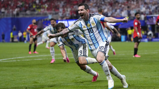 ATLANTA, GEORGIA - JULY 07: Lionel Messi of Argentina celebrates after scoring his team's second goal during the FIFA World Cup 2026 Round of 16 match between Argentina and Egypt at Atlanta Stadium on July 07, 2026 in Atlanta, Georgia.