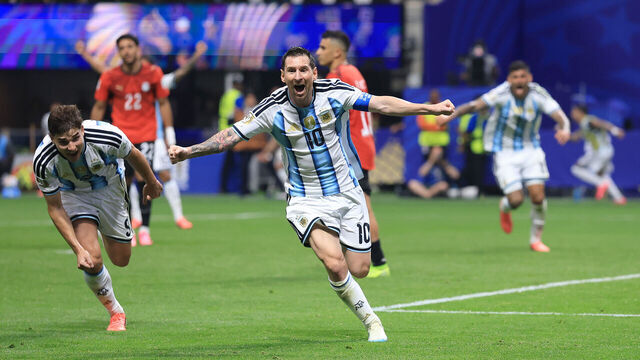 ATLANTA, GEORGIA - JULY 07: Lionel Messi #10 of Argentina celebrates scoring his team's second goal during the FIFA World Cup 2026 Round of 16 match between Argentina and Egypt at Atlanta Stadium on July 07, 2026 in Atlanta, Georgia.