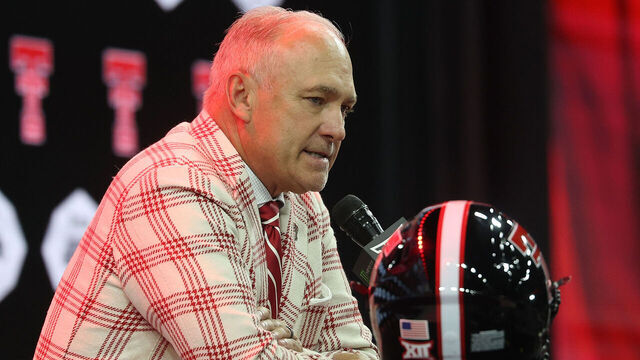 FRISCO, TEXAS - JULY 07: Head coach Joey McGuire of the Texas Tech Red Raiders speaks with the media during the Big 12 Media Days at The Ford Center at The Star on July 07, 2026 in Frisco, Texas.