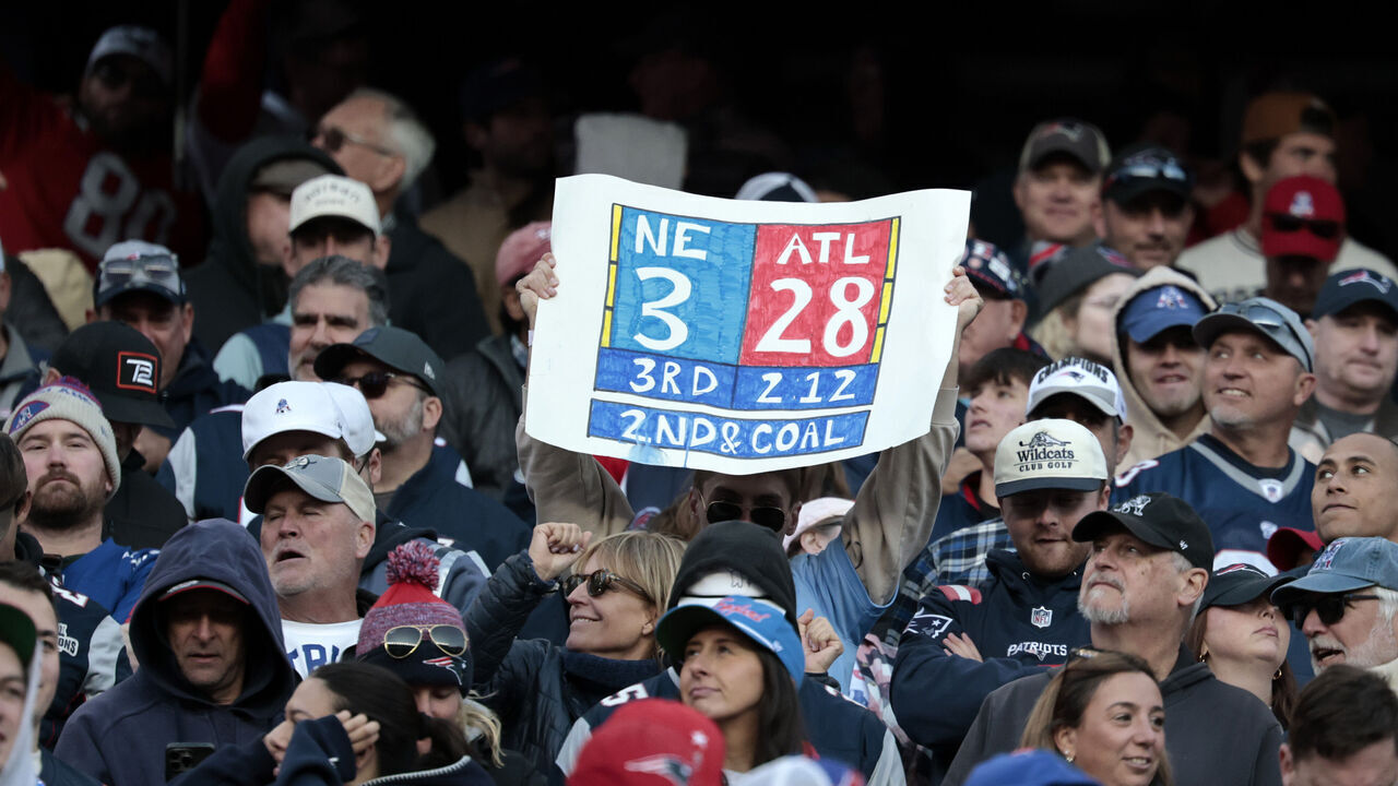 FOXBOROUGH, MA - NOVEMBER 02: A fan with a Super Bowl reminder for Atlanta during a game between the New England Patriots and the Atlanta Falcons on November 2, 2025, at Gillette Stadium in Foxborough, Massachusetts.