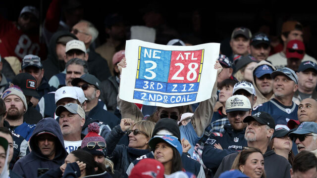 FOXBOROUGH, MA - NOVEMBER 02: A fan with a Super Bowl reminder for Atlanta during a game between the New England Patriots and the Atlanta Falcons on November 2, 2025, at Gillette Stadium in Foxborough, Massachusetts.
