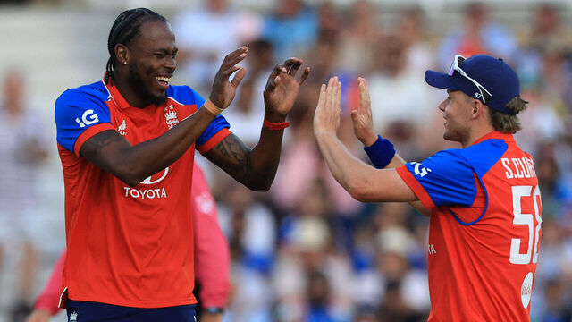 England's Jofra Archer celebrates with England's Sam Curran after taking the wicket of India's Shreyas Iyer during the third Twenty20 (T20) international cricket match between England and India at Trent Bridge in Nottingham, central England on July 7, 2026. / RESTRICTED TO EDITORIAL USE. NO ASSOCIATION WITH DIRECT COMPETITOR OF SPONSOR, PARTNER, OR SUPPLIER OF THE ECB