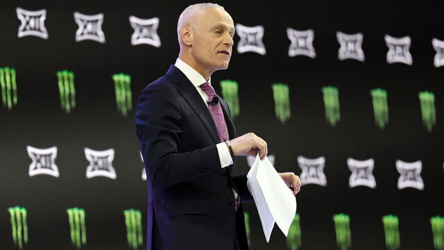 FRISCO, TEXAS - JULY 07: Commissioner Brett Yormark of the Big 12 Conference speaks with the media during the Big 12 media days at The Ford Center at The Star on July 07, 2026 in Frisco, Texas.