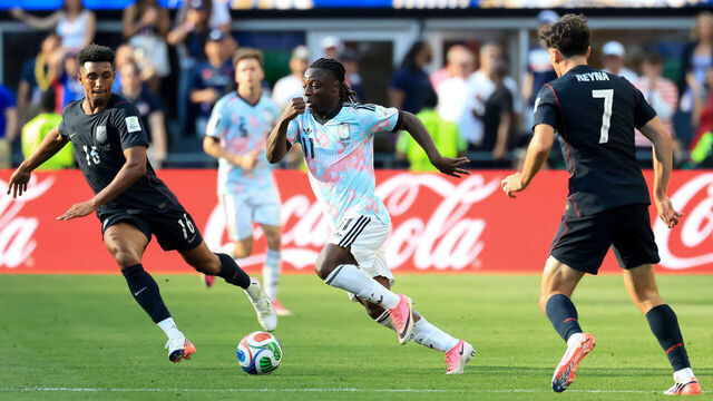 SEATTLE, WASHINGTON - JULY 6: Jeremy Doku of Belgium in action during the FIFA World Cup 2026 Round of 16 match between USA and Belgium at Seattle Stadium on July 6, 2026 in Seattle, Washington.