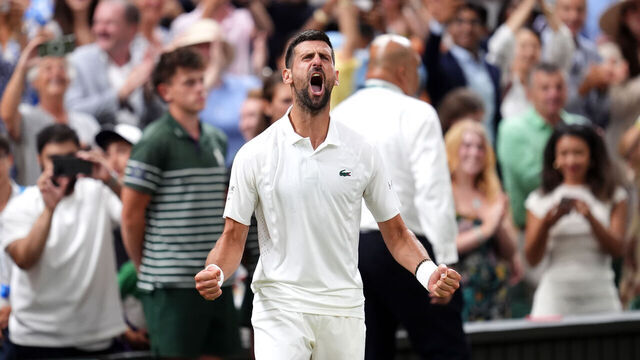 Novak Djokovic of Serbia celebrates following his Gentlemen's Singles match against Felix Auger-Aliassime of Canada on day nine of the 2026 Wimbledon Championships at the All England Lawn Tennis and Croquet Club, London. Picture date: Tuesday July 7, 2026.