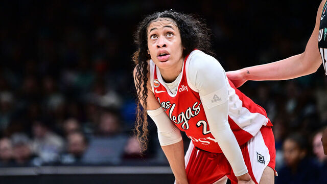BROOKLYN, NY - JUNE 30: Chennedy Carter #23 of the Las Vegas Aces looks on during the game against the New York Liberty during the 2026 WNBA Commissioner's Cup Game on June 30, 2026 at Barclays Center in Brooklyn, New York. Mandatory Copyright Notice: Copyright 2026 NBAE
