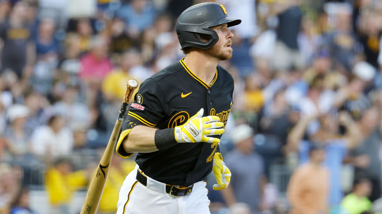 PITTSBURGH, PA - JULY 07: Ryan O'Hearn #29 of the Pittsburgh Pirates tosses his bat aside after hitting a three-run home run in the third inning against the Atlanta Braves at PNC Park on July 7, 2026 in Pittsburgh, Pennsylvania.