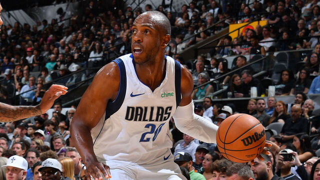 SAN ANTONIO, TX - APRIL 10: Khris Middleton #20 of the Dallas Mavericks dribbles the ball during the game against the San Antonio Spurs on April 10, 2026 at the Frost Bank Center in San Antonio, Texas. Mandatory Copyright Notice: Copyright 2026 NBAE (Photos by Michael Gonzales/NBAE via Getty Images)