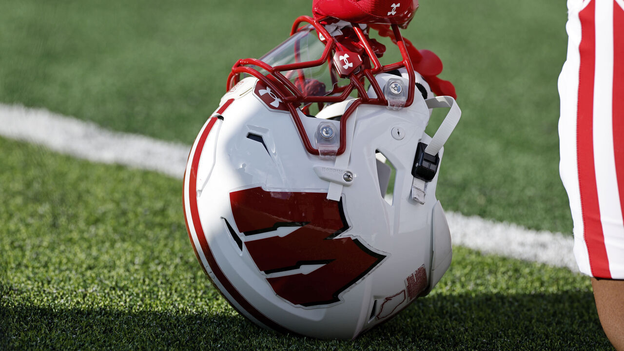 BLOOMINGTON, IN - NOVEMBER 15: Detail view of a Wisconsin Badgers helmet with Under Armor gear during a college football game against the Indiana Hoosiers on November 15, 2025 at Memorial Stadium in Bloomington, Indiana.