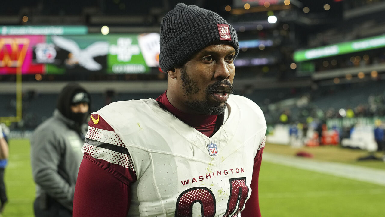 PHILADELPHIA, PENNSYLVANIA - JANUARY 4: Von Miller #24 of the Washington Commanders looks on against the Philadelphia Eagles at Lincoln Financial Field on January 4, 2026 in Philadelphia, United States.