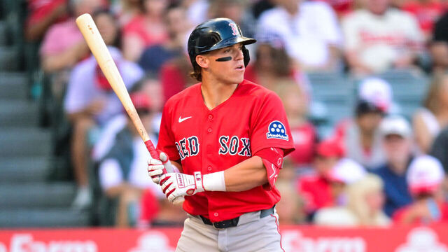 ANAHEIM, CALIFORNIA - JULY 5: Nate Eaton #18 of the Boston Red Sox at bat against the Los Angeles Angels at Angel Stadium of Anaheim on July 5, 2026 in Anaheim, California.