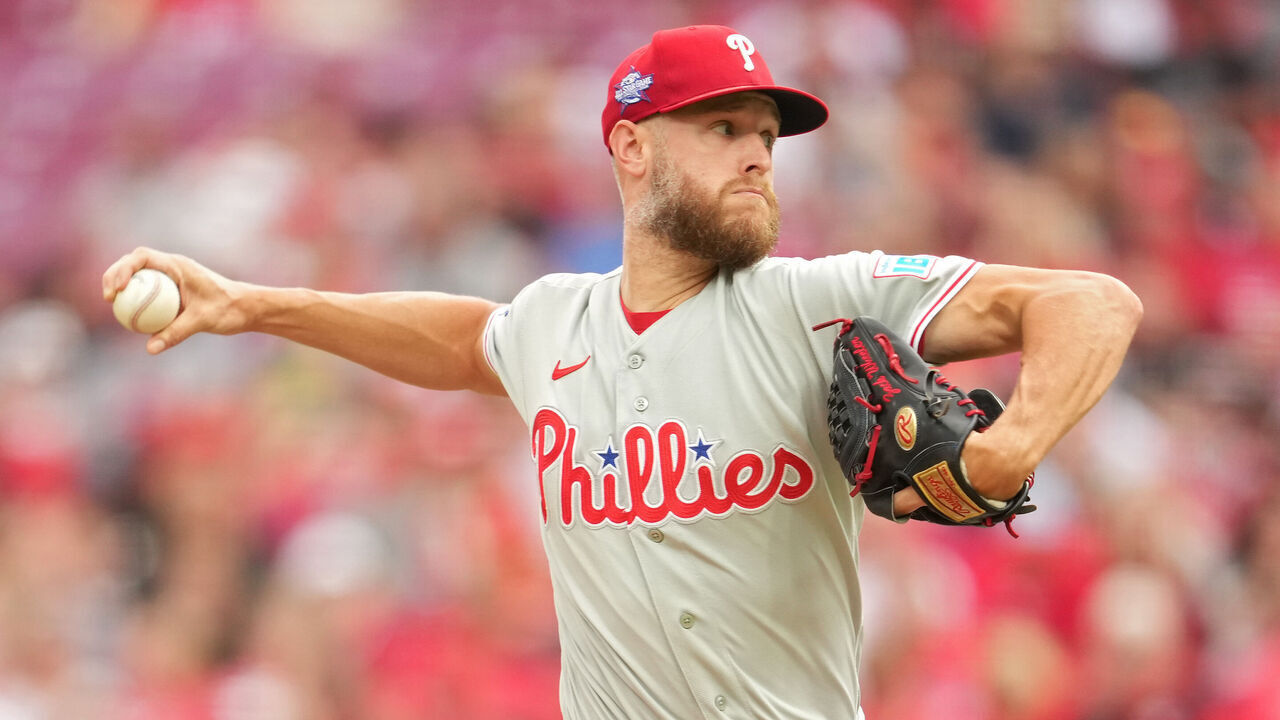CINCINNATI, OHIO - JULY 07: Pitcher Zack Wheeler #45 of the Philadelphia Phillies throws a pitch during the first inning of the baseball game against the Cincinnati Reds at Great American Ball Park on July 07, 2026 in Cincinnati, Ohio.
