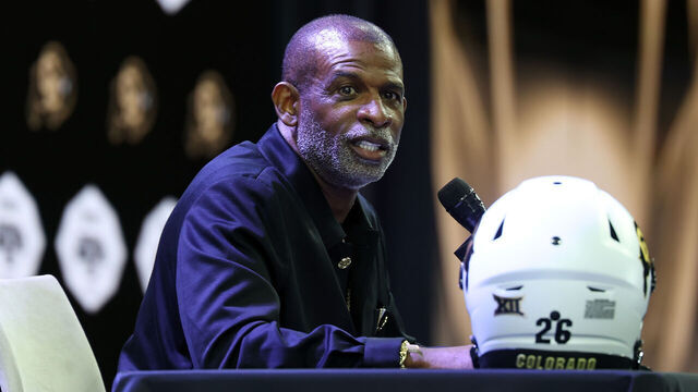 FRISCO, TEXAS - JULY 07: Head coach Deion Sanders of the Colorado Buffaloes speaks with the media during the Big 12 Media Days at The Ford Center at The Star on July 07, 2026 in Frisco, Texas.