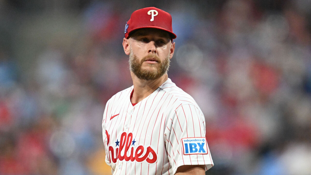 PHILADELPHIA, PA - JULY 01: Philadelphia Phillies pitcher Zack Wheeler #45 looks on during the game between the Philadelphia Phillies and the Pittsburg Pirates on July 1st, 2026 at Citizens Bank Park in Philadelphia, PA.