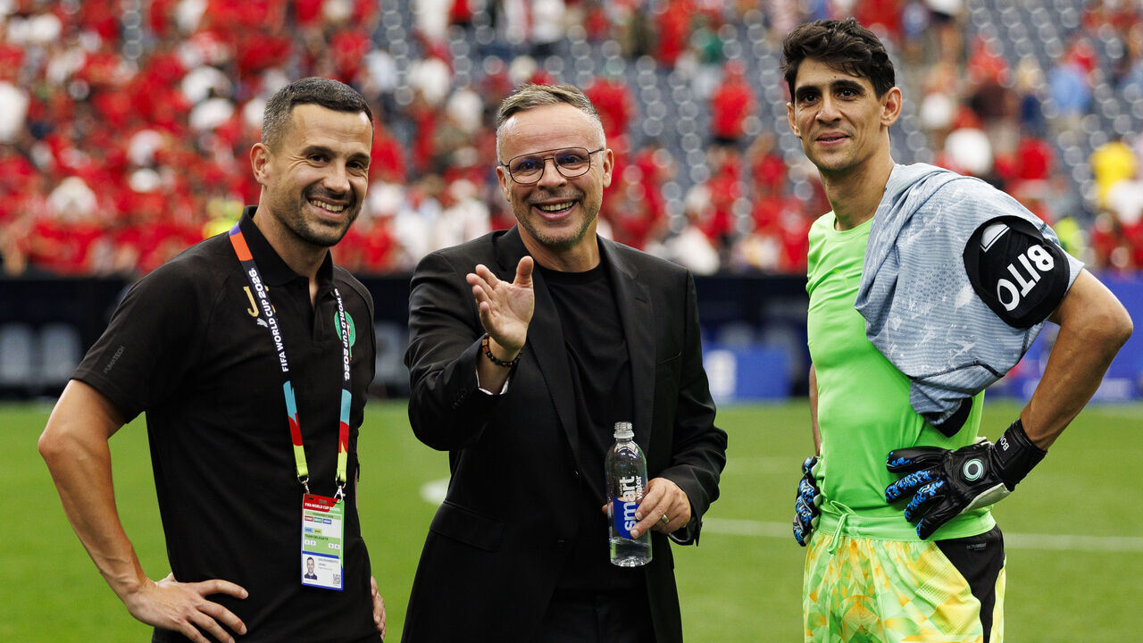 HOUSTON, TEXAS - JULY 4: Morocco Head Coach Mohamed Ouahbi and players celebrate their victory following the FIFA World Cup 2026 Round Of 16 match between Canada and Morocco at Houston Stadium on July 4, 2026 in Houston, United States.