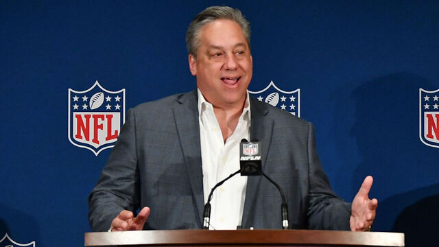 ORLANDO, FL - MARCH 28: NFL Vice President of Officiating Alberto Riveron answers questions with NFL Commissioner Roger Goodell during the closing press conference at the 2018 NFL Annual Meetings at The Ritz-Carlton Orlando, Great Lakes on March 28, 2018 in Orlando, Florida.