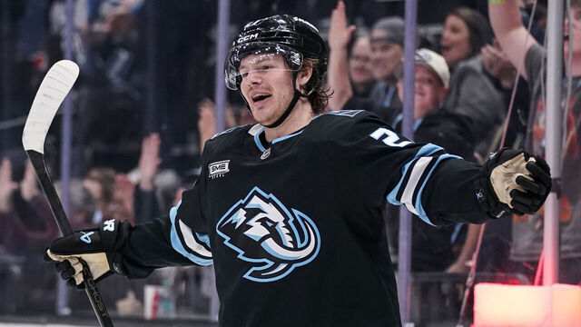 SALT LAKE CITY, UT - FEBRUARY 27: Barrett Hayton #27 of the Utah Mammoth celebrates a third period goal during an NHL game between the Minnesota Wild and the Utah Mammoth on February 27, 2026 at the Delta Center in Salt Lake City, UT.