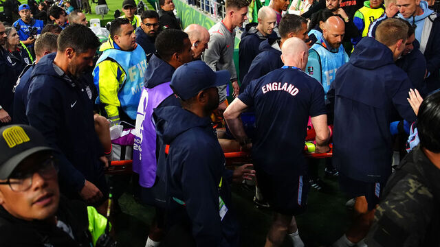England's Jordan Henderson is stretched off the pitch following the FIFA World Cup Round of 16 match at Mexico City Stadium, Mexico. Picture date: Sunday July 5, 2026.