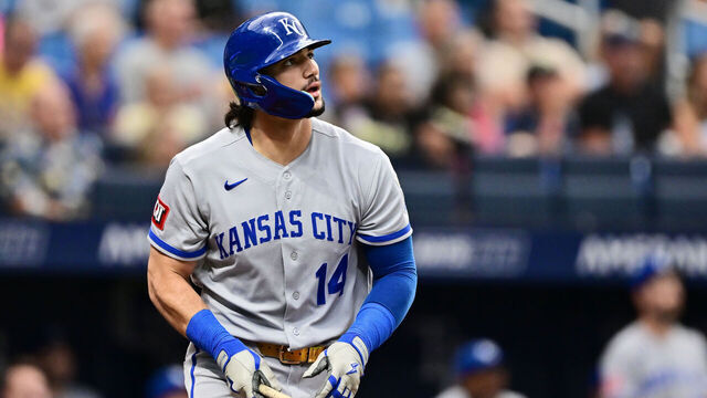 ST PETERSBURG, FLORIDA - JUNE 23: Jac Caglianone #14 of the Kansas City Royals hits a solo home run in the first inning against the Tampa Bay Rays at Tropicana Field on June 23, 2026 in St Petersburg, Florida.