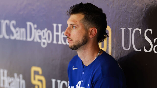 SAN DIEGO, CALIFORNIA - JUNE 28: Kyle Tucker #23 of the Los Angeles Dodgers looks on in the dugout during the fifth inning against the San Diego Padres at Petco Park on June 28, 2026 in San Diego, California.
