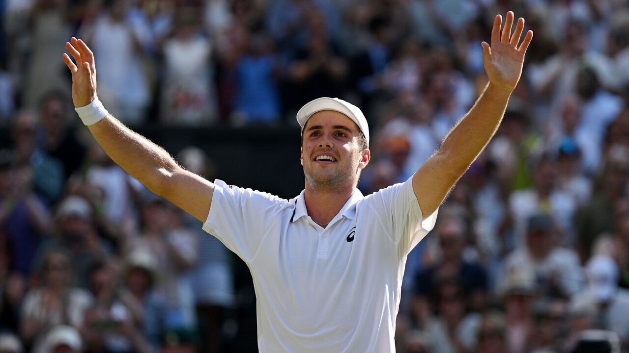 LONDON, ENGLAND - JULY 08: Arthur Fery of Great Britain celebrates victory against Flavio Cobolli of Italy during their Gentlemen's Singles quarterfinal match on day ten of The Championships Wimbledon 2026 at All England Lawn Tennis and Croquet Club on July 08, 2026 in London, England.