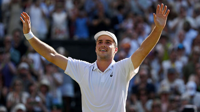 LONDON, ENGLAND - JULY 08: Arthur Fery of Great Britain celebrates victory against Flavio Cobolli of Italy during their Gentlemen's Singles quarterfinal match on day ten of The Championships Wimbledon 2026 at All England Lawn Tennis and Croquet Club on July 08, 2026 in London, England.