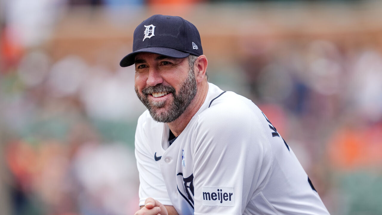 DETROIT, MICHIGAN - JUNE 21: Justin Verlander #35 of the Detroit Tigers looks on and smiles against the Chicago White Sox at Comerica Park on June 21, 2026 in Detroit, Michigan.
