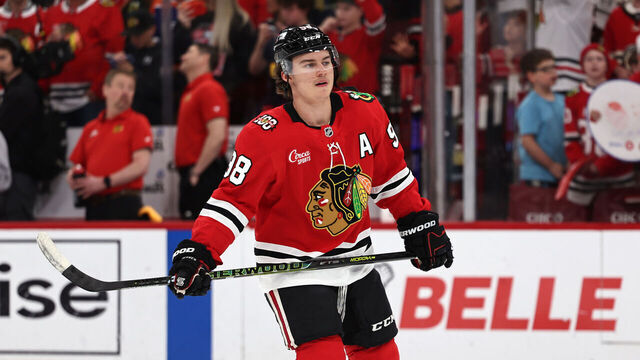 CHICAGO, ILLINOIS - APRIL 15: Connor Bedard #98 of the Chicago Blackhawks looks on against the San Jose Sharks at the United Center on April 15, 2026 in Chicago, Illinois.