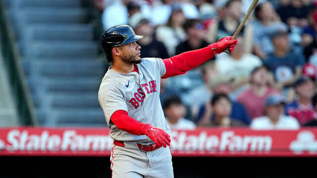 ANAHEIM, CA - JULY 05: Willson Contreras #40 of the Boston Red Sox hits a home run in the third inning during the game between the Boston Red Sox and the Los Angeles Angels at Angel Stadium of Anaheim on Sunday, July 5, 2026 in Anaheim, California.