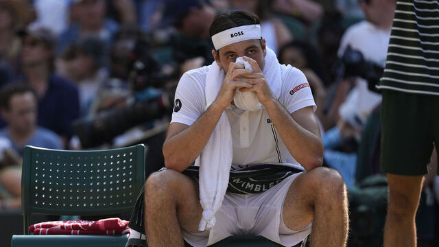 Taylor Fritz of the United States reacts during his Gentlemen's Singles match against Alexander Zverev of Germany on day ten of the 2026 Wimbledon Championships at the All England Lawn Tennis and Croquet Club, London. Picture date: Wednesday July 8, 2026.