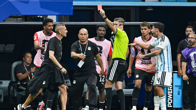 ATLANTA, GA - JULY 07: Referee Francois Letexier issues a red card to a member of the Egypt coaching staff during the FIFA World Cup 2026 Round of 16 match between Argentina and Egypt on July 7th, 2026 at Atlanta Stadium in Atlanta, GA.