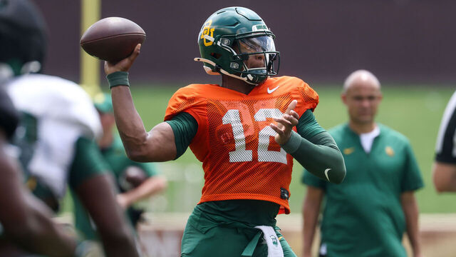 WACO, TX - APRIL 25: Quarterback DJ Lagway #12 of the Baylor Bears passes the ball during the Baylor Bears Football Fan Fest on April 25, 2026, at McLane Stadium in Waco, TX.