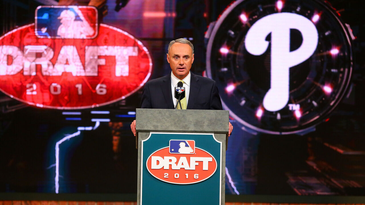 09 JUN 2016: Major League Baseball Commissioner Rob Manfred announces the Philadelphia Phillies number 1 overall pick Mickey Moniak in The MLB First Year Player Draft. The draft is held at Studio 42 of MLB Network in Secaucus NJ.