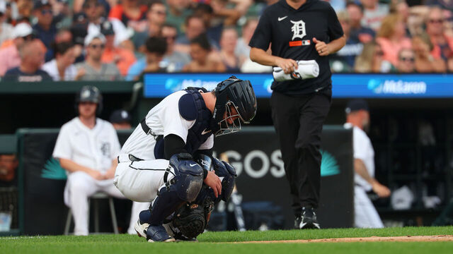 DETROIT, MICHIGAN - JULY 08: Dillon Dingler #13 of the Detroit Tigers reacts after getting injured in the second inning while playing the Athletics at Comerica Park on July 08, 2026 in Detroit, Michigan.