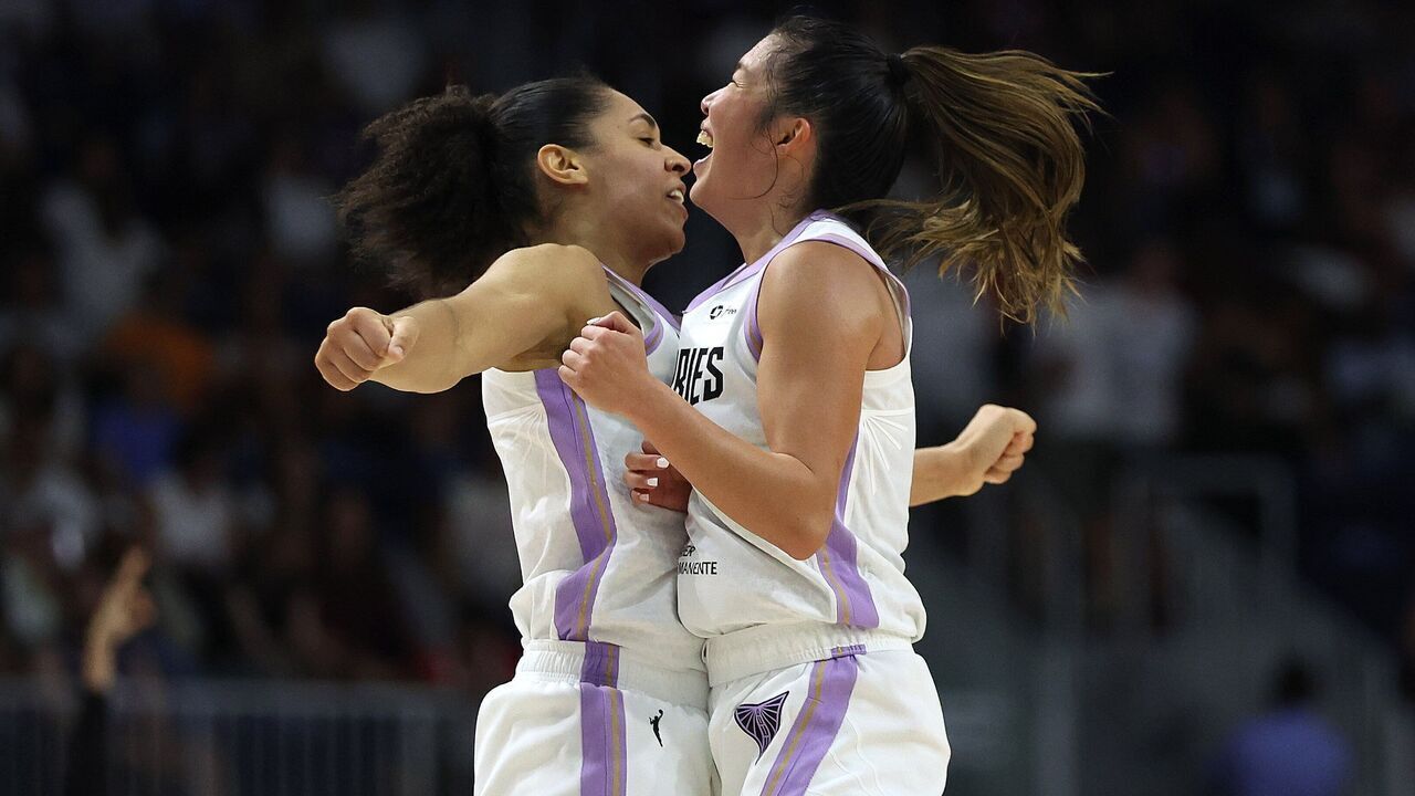 TORONTO, ON - JULY 8 - Janelle Salaun #13 of the Golden State Valkyries and Kaitlyn Chen #2 of the Golden State Valkyries celebrate a late three pointer as the Toronto Tempo play the Golden State Valkyries at Coca-Cola Coliseum in Toronto. July 8, 2026. Steve Russell/Toronto Star (Steve Russell/Toronto Star via Getty Images)