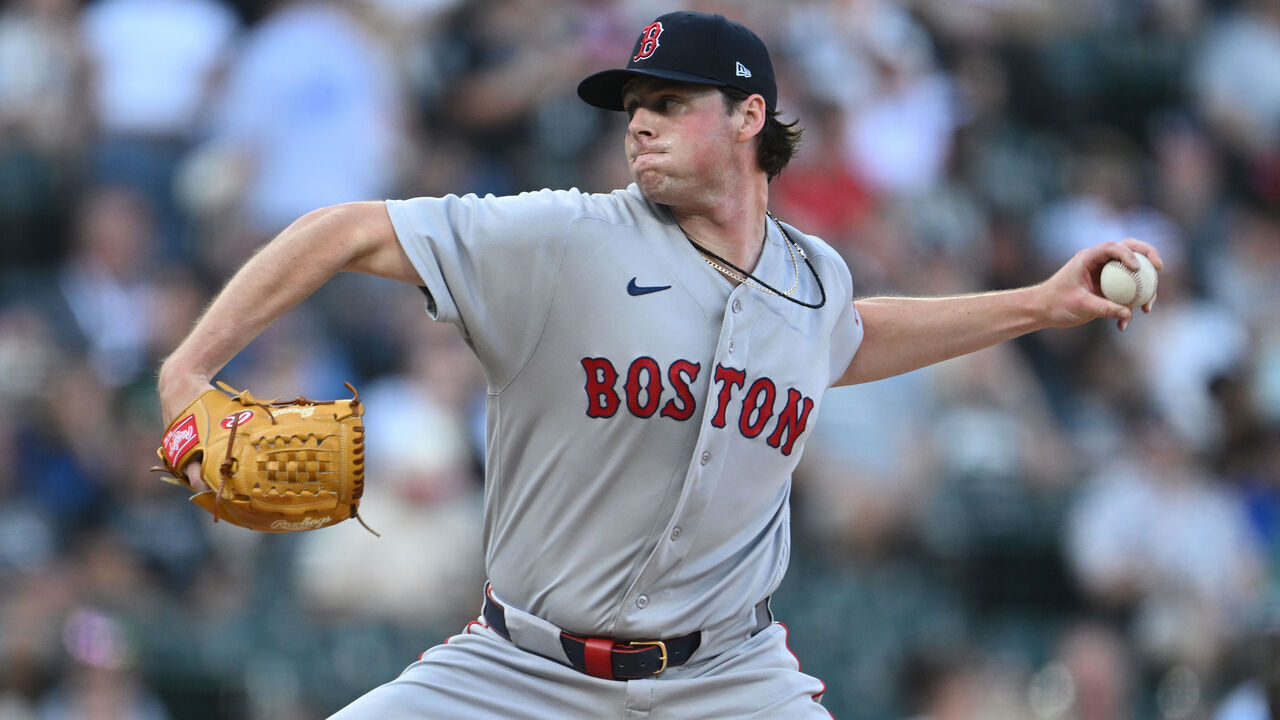 CHICAGO, ILLINOIS - JULY 08: Jake Bennett #64 of the Boston Red Sox pitches against the Chicago White Sox during the first inning at Rate Field on July 08, 2026 in Chicago, Illinois.