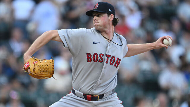 CHICAGO, ILLINOIS - JULY 08: Jake Bennett #64 of the Boston Red Sox pitches against the Chicago White Sox during the first inning at Rate Field on July 08, 2026 in Chicago, Illinois.