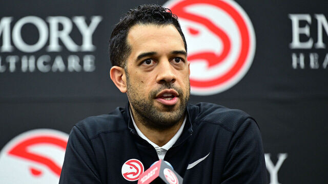 ATLANTA, GA - JUNE 28: General Manager Landry Fields of the Atlanta Hawks talks to the media during a press conference on June 28, 2024 at Emory Sports and Medical Complex in Atlanta, Georgia. NOTE TO USER: User expressly acknowledges and agrees that, by downloading and or using this photograph, user is consenting to the terms and conditions of Getty Images License Agreement. Mandatory Copyright Notice: Copyright 2024 NBAE