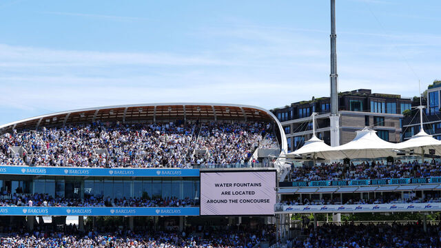 A message on the big screen informing supporters where water fountains are located in the stadium during day one of the Third Rothesay Men's Test at Lord's, London. Picture date: Thursday July 10, 2025.