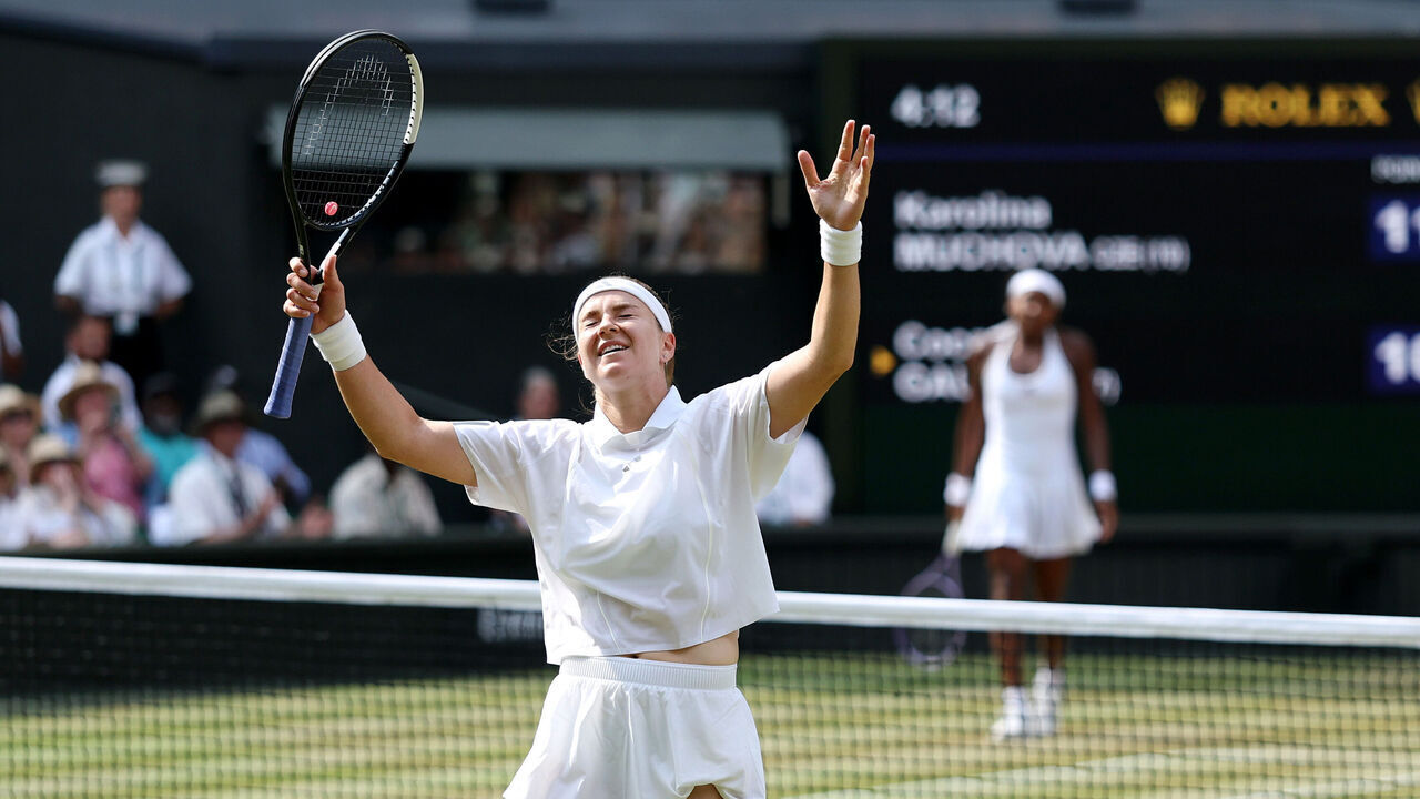 LONDON, ENGLAND - JULY 09: Karolina Muchova of Czechia celebrates winning match point against Coco Gauff of United States during their Ladies' Singles semifinal match on day eleven of The Championships Wimbledon 2026 at All England Lawn Tennis and Croquet Club on July 09, 2026 in London, England.