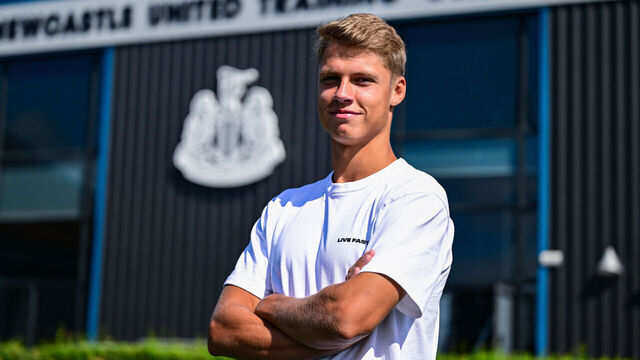 NEWCASTLE UPON TYNE, ENGLAND - JULY 08: In this image released on July 9th, Sean Steur poses for photographs at the Knox training centre as he signs for Newcastle United on July 08, 2026 in Newcastle upon Tyne, England.