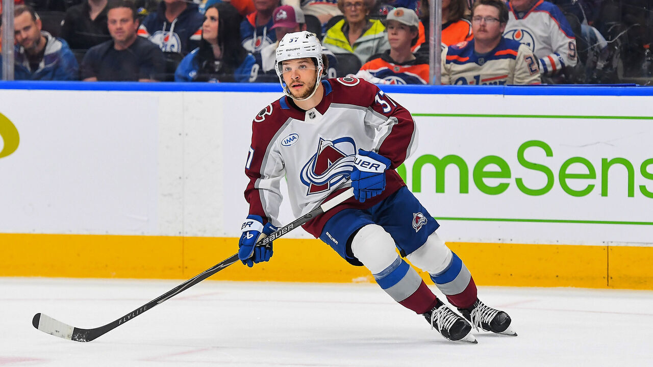 EDMONTON, CANADA - APRIL 13: Nick Blankenburg #37 of the Colorado Avalanche in action during the game against the Edmonton Oilers at Rogers Place on April 13, 2026, in Edmonton, Alberta, Canada.