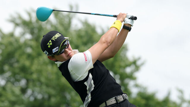 CHASKA, MINNESOTA - JUNE 28: Aki Iwai of Japan plays her shot from the third tee during the final round of the KPMG Women's PGA Championship 2026 at Hazeltine National Golf Club on June 28, 2026 in Chaska, Minnesota.