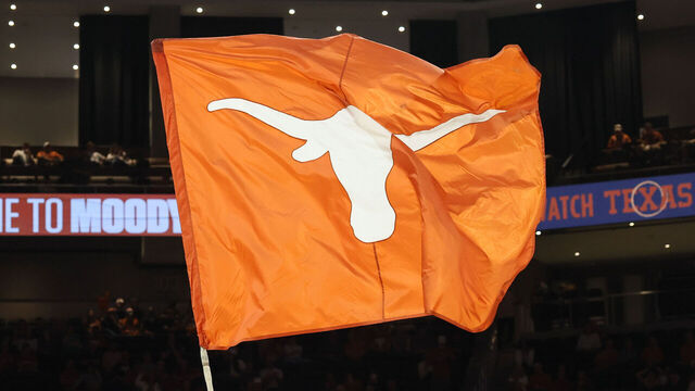 AUSTIN, TX - FEBRUARY 17: A large flag with the Texas Longhorn logo is run across the court before the SEC college basketball game between Texas Longhorns and LSU Tigers on February 17, 2026, at Moody Center in Austin, TX.