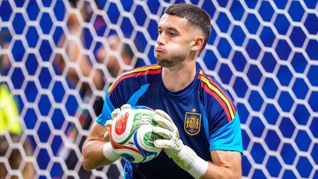 ATLANTA, GEORGIA - JUNE 15: Joan Garcia #13 of Spain catches the ball before the FIFA World Cup 2026 Group H match between Spain and Cabo Verde at Atlanta Stadium on June 15, 2026 in Atlanta, Georgia.