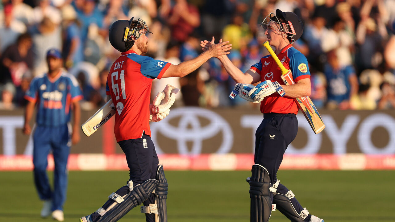 BRISTOL, ENGLAND - JULY 09: Phil Salt (L) and Harry Brook of England celebrate victory, after putting on an unbroken partnership of 146, at the end of the 4th Vitality IT20 between England and India at Seat Unique Stadium on July 09, 2026 in Bristol, England.