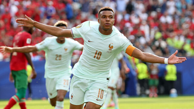 France's forward #10 Kylian Mbappe celebrates scoring his team's first goal during the 2026 World Cup football tournament quarter-final match between France and Morocco at Boston Stadium in Foxborough on July 9, 2026.