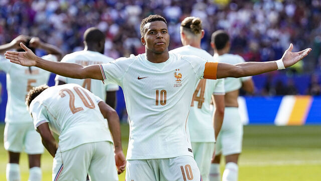 FOXBOROUGH, MASSACHUSETTS - JULY 9: Kylian Mbappe of France celebrates after scoring his teams first goal during the FIFA World Cup 2026 Quarter Final match between France and Morocco at Boston Stadium on July 9, 2026 in Foxborough, Massachusetts.