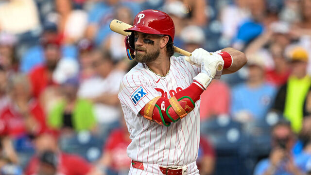 PHILADELPHIA, PA - JULY 01: Philadelphia Phillies first baseman Bryce Harper #3 is shown at bat during the game between the Philadelphia Phillies and the Pittsburg Pirates on July 1st, 2026 at Citizens Bank Park in Philadelphia, PA.