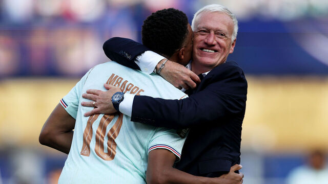 FOXBOROUGH, MASSACHUSETTS - JULY 09: Kylian Mbappe #10 of France celebrates victory with Didier Deschamps, Head Coach of France, after the FIFA World Cup 2026 Quarter Final match between France and Morocco at Boston Stadium on July 09, 2026 in Foxborough, Massachusetts.